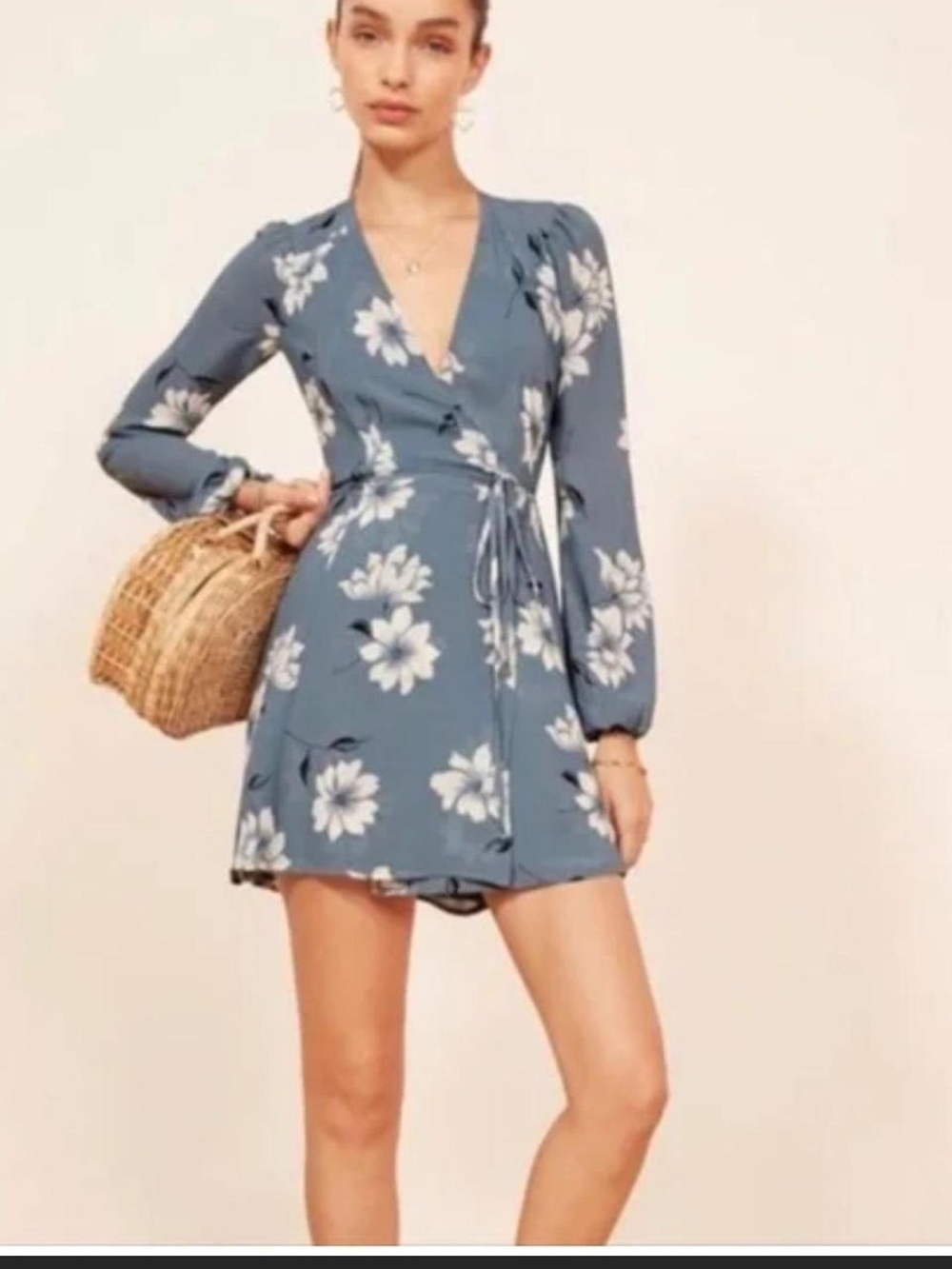 Reformation Blue Floral Wrap Mini Dress